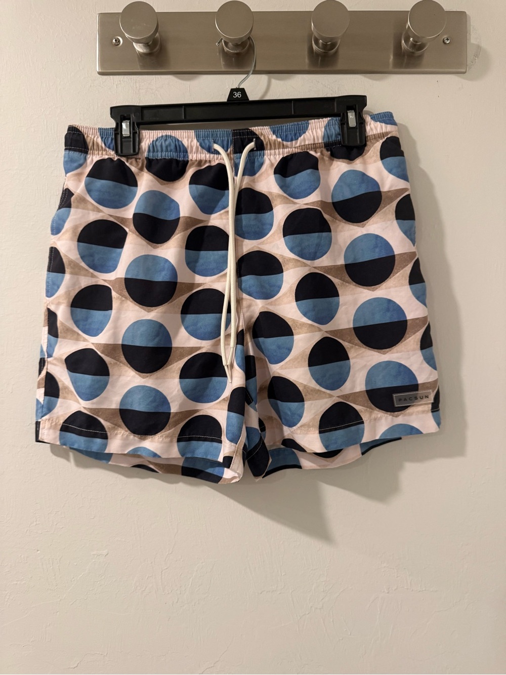 PacSun Men’s Cream Swim Shorts with Blue and Black Dot Print